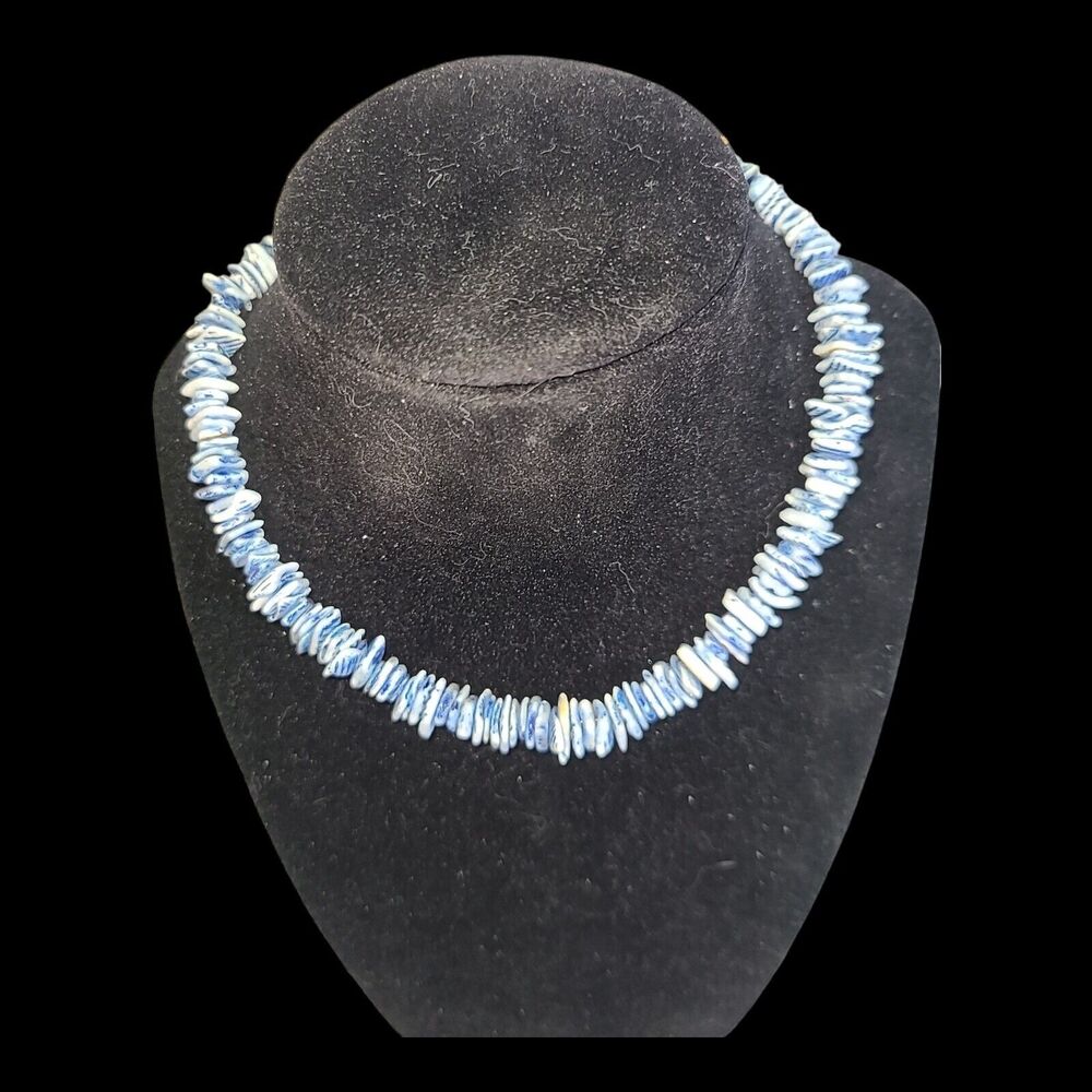 Blue & White Shell Chip Choker‎ Collar Necklace 14"